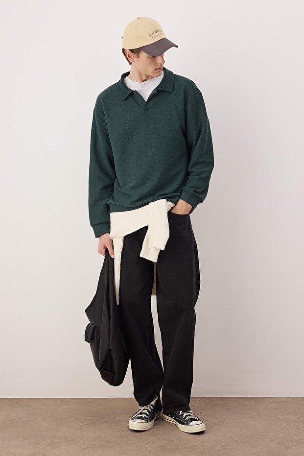Petrol Yeşili Yeni Oversize/Geniş Kesim Polo Yaka Kalın Çıtçıtlı Sweatshirt TMNAW26SW00051 - 1