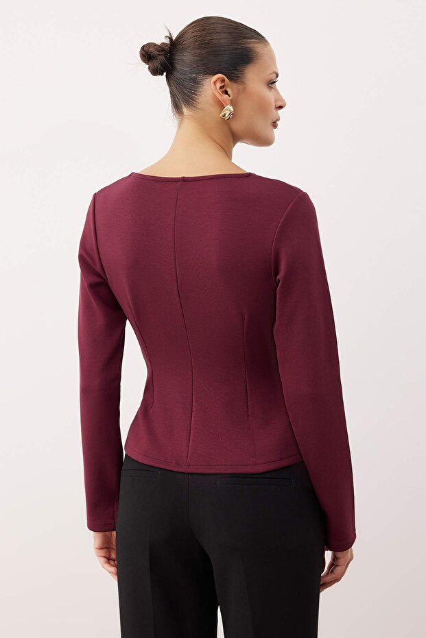 Mürdüm Soft Touch V Yaka Fermuarlı Regular/Normal Kesim Örme Bluz TWOAW26BZ00180 - 4