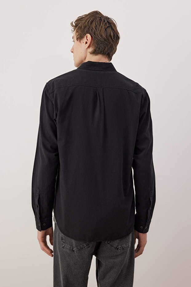 Siyah Unisex Regular Fit %100 Pamuklu Keten Görünümlü Gömlek TMNSS23GO00099 - 4