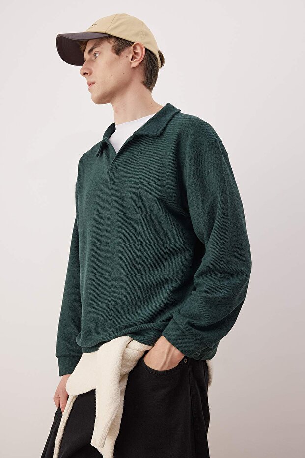 Petrol Yeşili Yeni Oversize/Geniş Kesim Polo Yaka Kalın Çıtçıtlı Sweatshirt TMNAW26SW00051 - 2