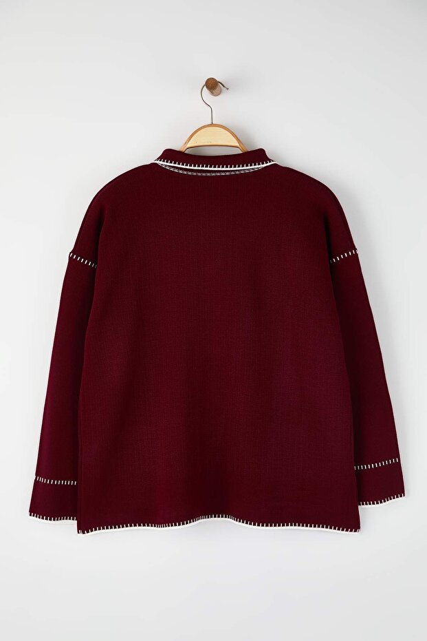Bordo Polo Yaka Nakışlı/İşlemeli Triko Hırka TBBAW26AV00021 - 9