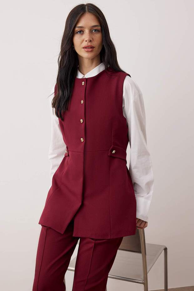 Bordo Düğme Detaylı Dokuma Alt - Üst Takım TCTAW26US00054 - 1
