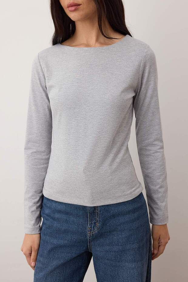 Gri Melanj-Lacivert İkili Paket Kayık Yaka Fitted/Vücuda Oturan Örme Bluz TWOAW25BZ00062 - 6