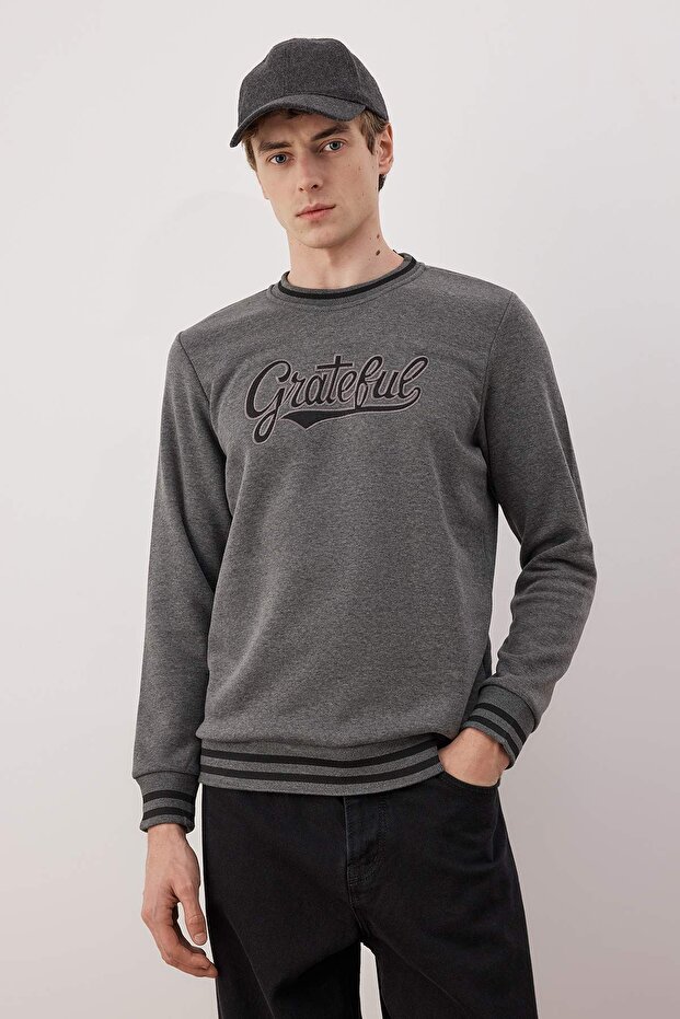 Antrasit Regular/Normal Kesim Triko Bantlı Nakışlı Sweatshirt TMNAW26SW00066 - 2