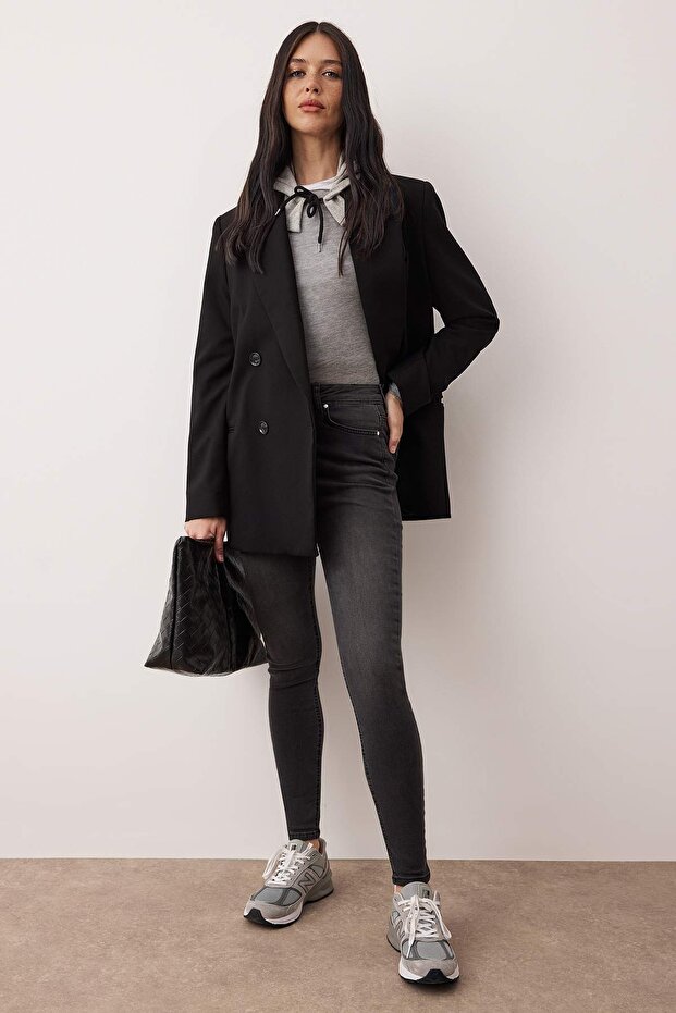 Antrasit Vücudu Saran Esnek Yüksek Bel Skinny Jeans TWOAW26JE00254 - 1
