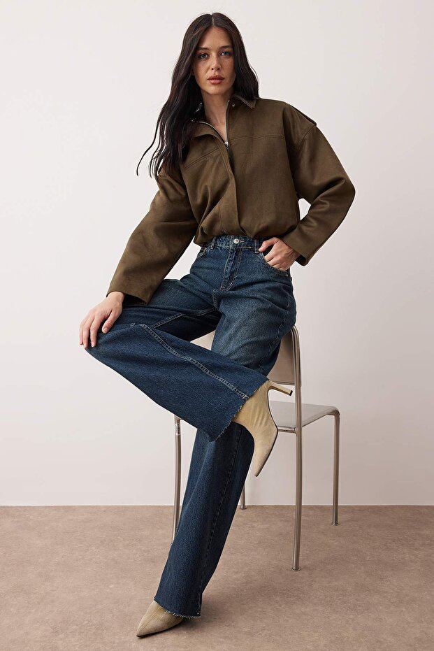 Lacivert Yüksek Bel Paçası Kesikli Geniş Paça Wide Leg Jeans TWOAW26JE00089 - 1