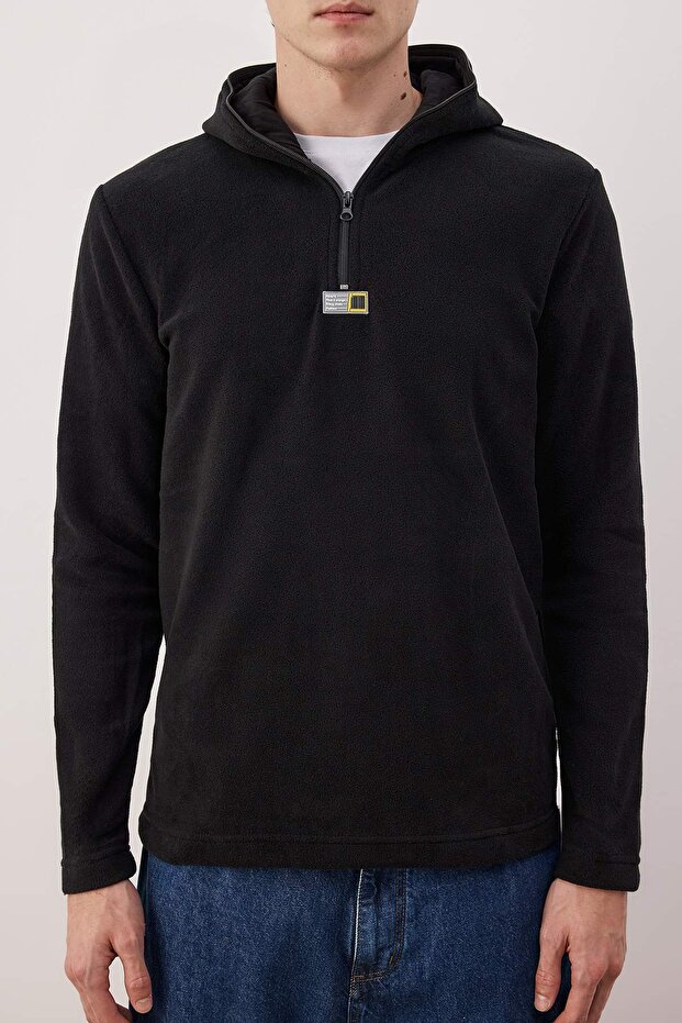 Siyah Slim/Dar Kesim Polar Fermuarlı Kapüşonlu Sweatshirt TMNAW26SW00064 - 3
