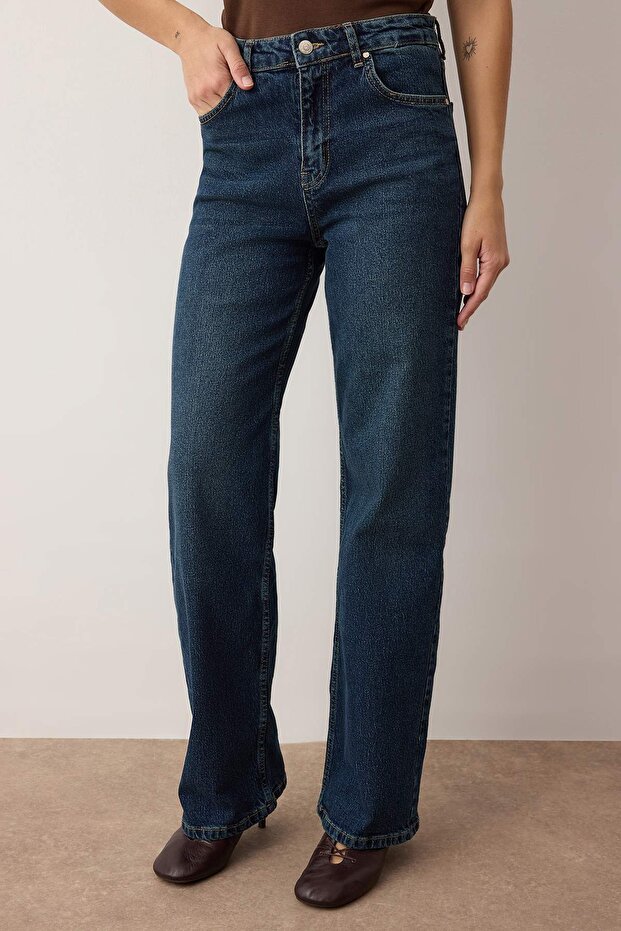 Koyu Mavi Yüksek Bel Orta Esnek Wide Leg Palazzo Jeans TWOAW26JE00084 - 3