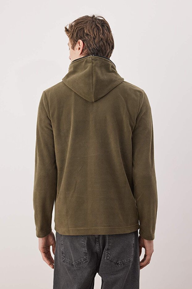 Haki Slim/Dar Kesim Polar Fermuarlı Kapüşonlu Sweatshirt TMNAW26SW00064 - 4
