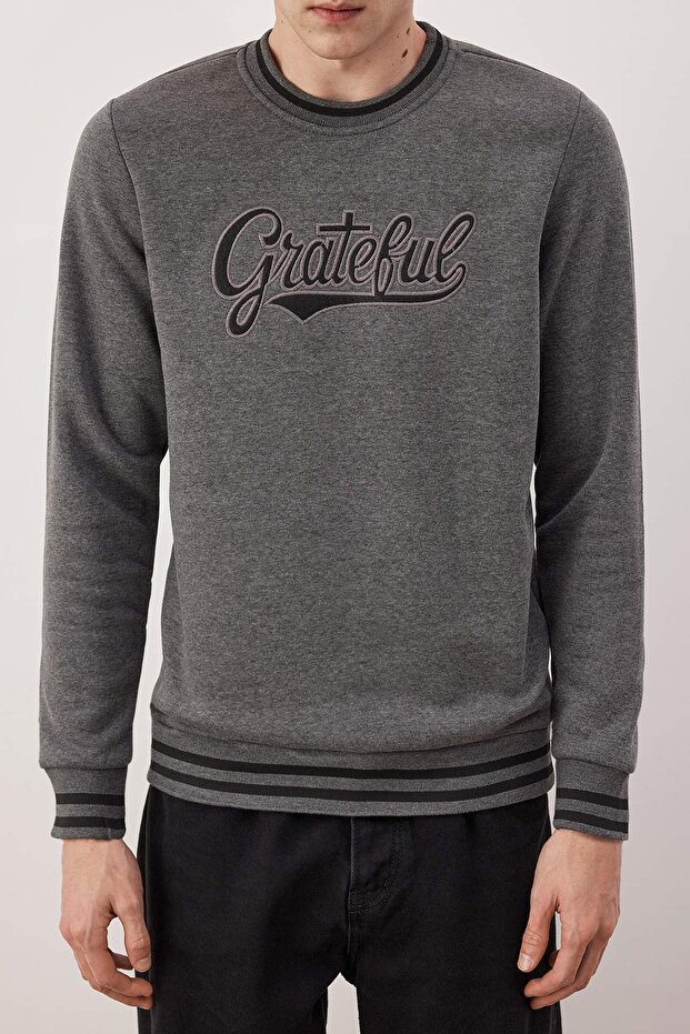 Antrasit Regular/Normal Kesim Triko Bantlı Nakışlı Sweatshirt TMNAW26SW00066 - 3