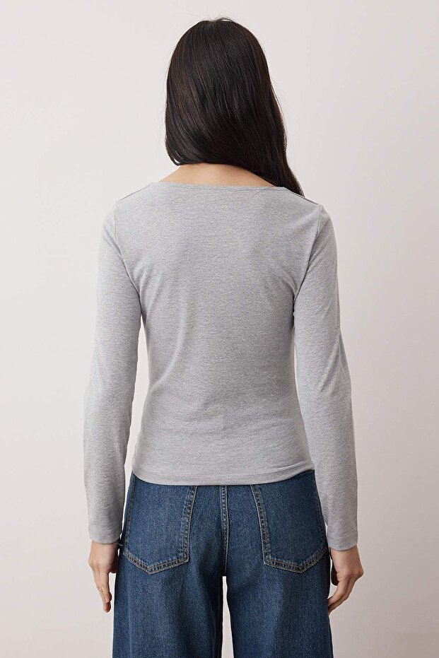 Gri Melanj-Lacivert İkili Paket Kayık Yaka Fitted/Vücuda Oturan Örme Bluz TWOAW25BZ00062 - 7