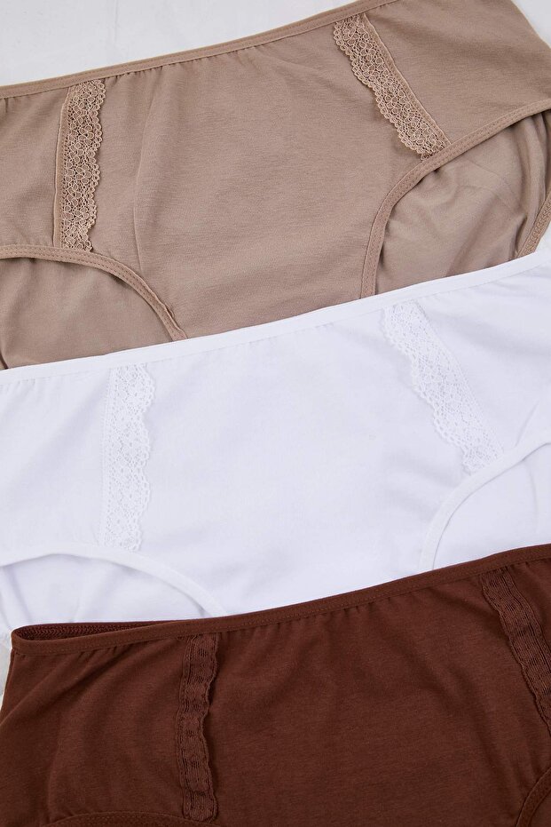 Kahverengi-Çok Renkli 3'lü Paket Pamuklu Örme Esnek Klasik Büyük Beden Külot TBBAW25CM00003 - 13