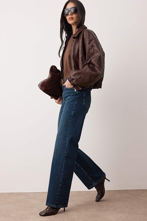 Koyu Mavi Yüksek Bel Orta Esnek Wide Leg Palazzo Jeans TWOAW26JE00084 - 2