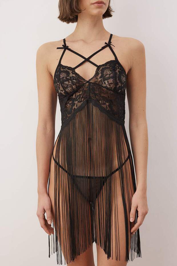 Siyah Dantel Püsküllü İp Askılı Külotlu Babydoll/Fantezi Gecelik THMAW26LL00015 - 2