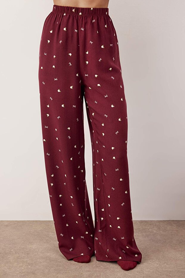 Bordo Kurdele/Fiyonklu ve Çiçekli Viskon Dokuma Pijama Takımı THMAW26PT00065 - 3