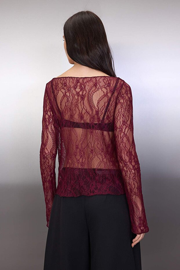 Koyu Bordo Regular Fit Kayık Yaka Dantel Esnek Örme Bluz TWOSS23BZ00795 - 4