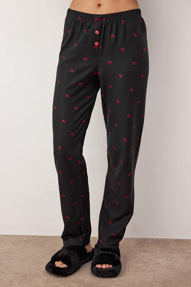 Siyah Kirazlı Fermuarlı Yumuşak Kışlık Waffle Örme Pijama Takımı THMAW26PT00186 - 3