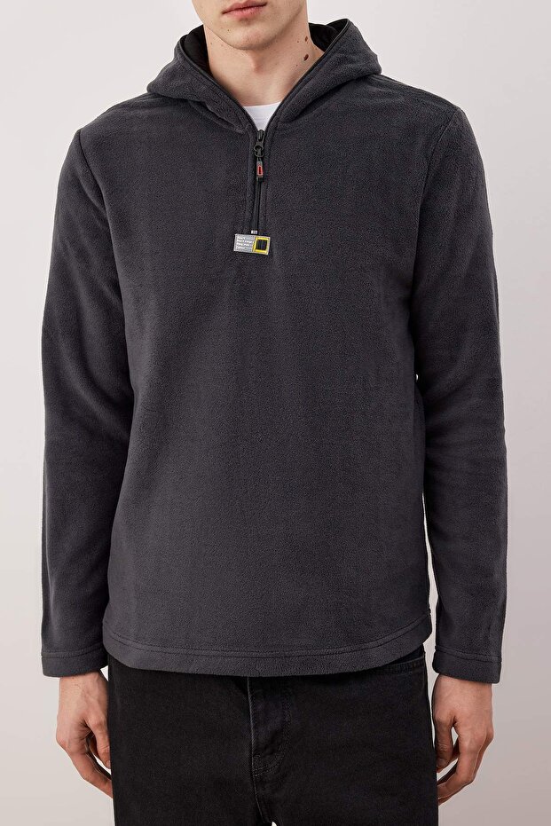 Antrasit Slim/Dar Kesim Polar Fermuarlı Kapüşonlu Sweatshirt TMNAW26SW00064 - 3