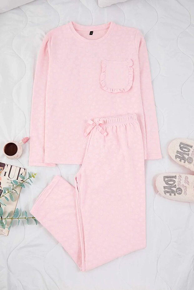 Pudra Kalp Desenli Fırfırlı ve Cepli Örme Pijama Takımı THMAW26PT00205 - 5