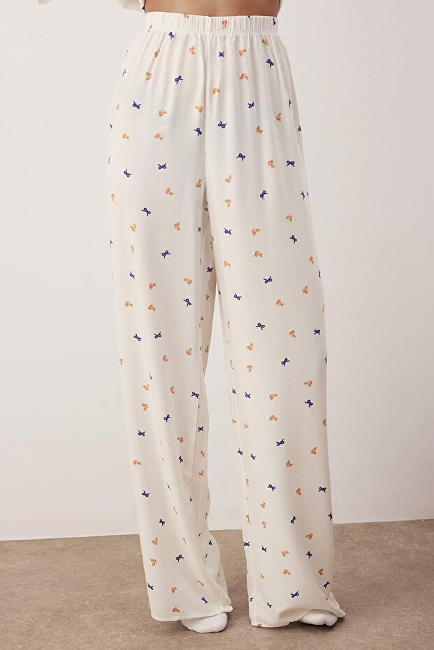 Ekru Kurdele/Fiyonklu ve Çiçekli Viskon Dokuma Pijama Takımı THMAW26PT00065 - 3