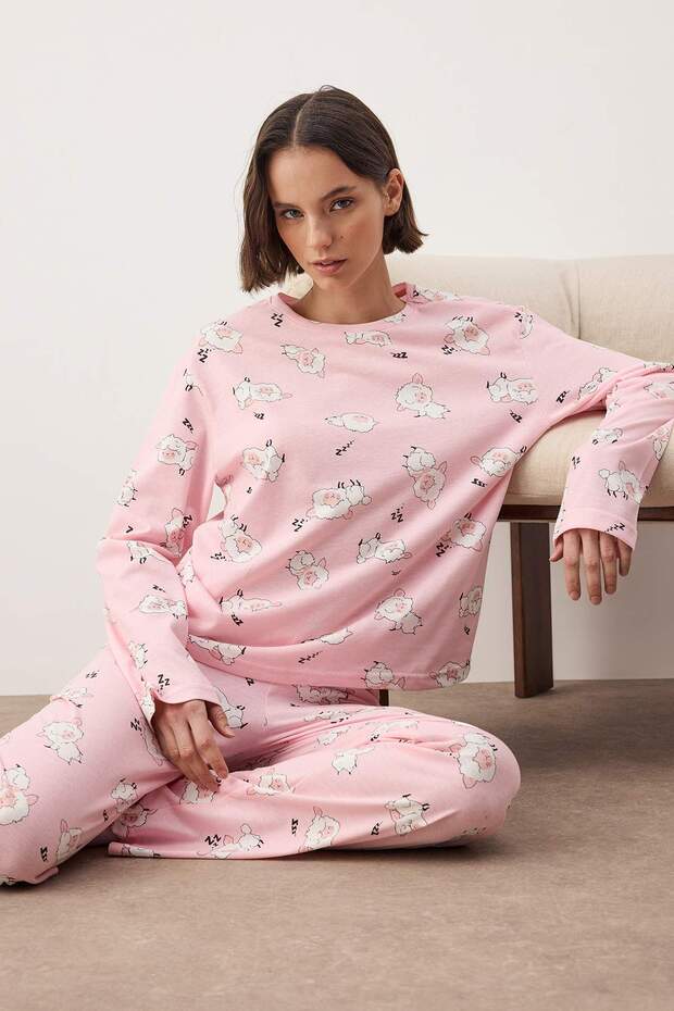 Pembe %100 Pamuklu Uyku Temalı Kuzu Desenli Örme Pijama Takımı THMAW26PT00046 - 1