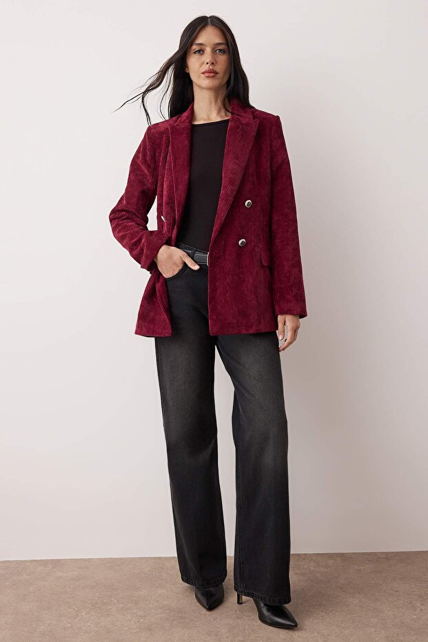 Bordo Kruvaze Kapama Yumuşak Fitilli Kadife Blazer Ceket TWOAW26BC00031 - 2