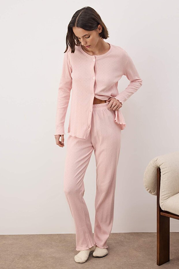 Pembe Hırkalı Pointel/Fitilli Baby Overloklu Örme Pijama Takımı THMAW26PT00219 - 2
