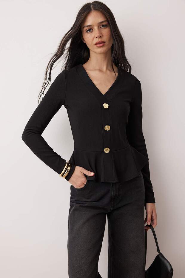 Siyah V Yaka Düğmeli Peplum/Bele Oturan Esnek Örme Bluz TWOAW26AU00118 - 1