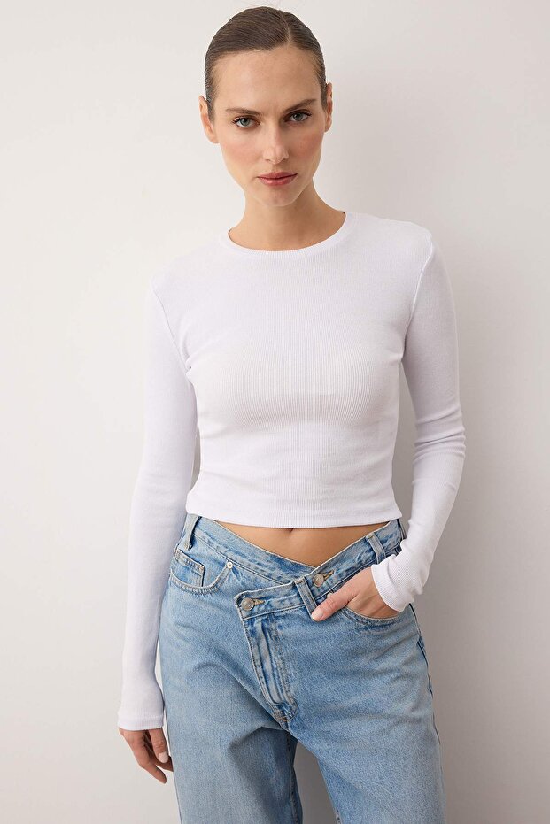 Siyah-Beyaz 2'li Paket Fitted/Vücuda Oturan Bisiklet Yaka Crop Fitilli Esnek Örme Bluz TWOAW22BZ0331 - 5