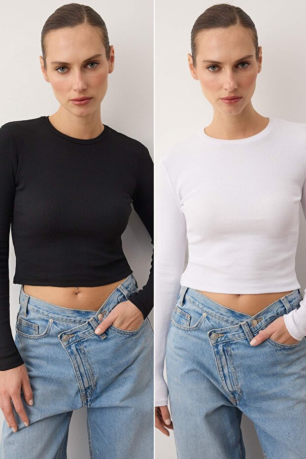Siyah-Beyaz 2'li Paket Fitted/Vücuda Oturan Bisiklet Yaka Crop Fitilli Esnek Örme Bluz TWOAW22BZ0331 - 1
