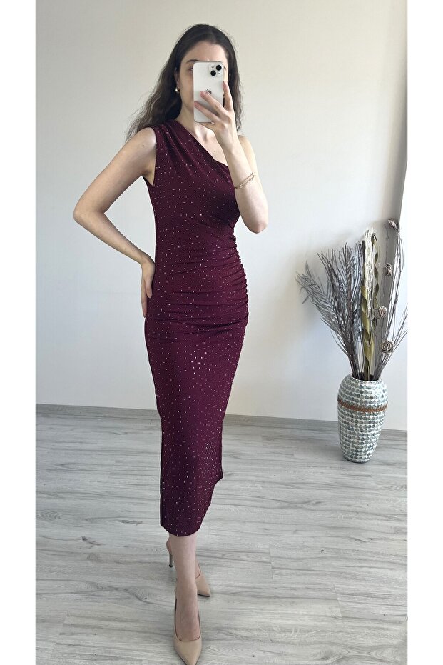 Kadın Tek Omuz Drapeli Taşlı Elbise - 2