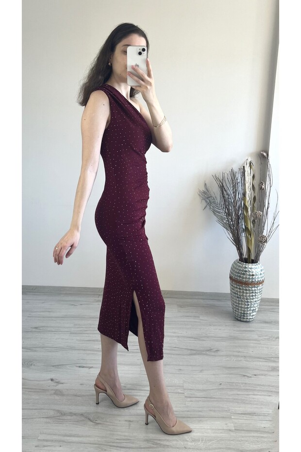 Kadın Tek Omuz Drapeli Taşlı Elbise - 4