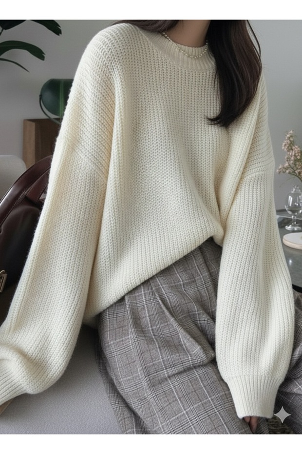 Ekru Özel Seri Kadın Basic Salaş Rahat Kalıp Oversize Triko Kalın Dokulu Basic Kazak - 2