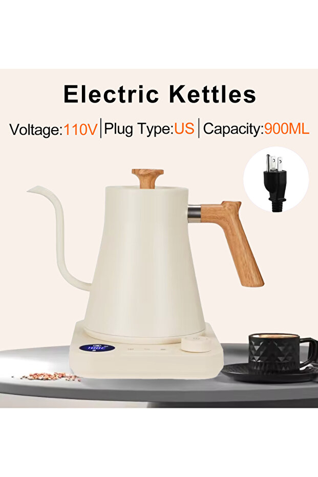 White US110V Electric Gooseneck Kettle 900ML Hand Brew Coffee Pot Smart Teapot Temperature