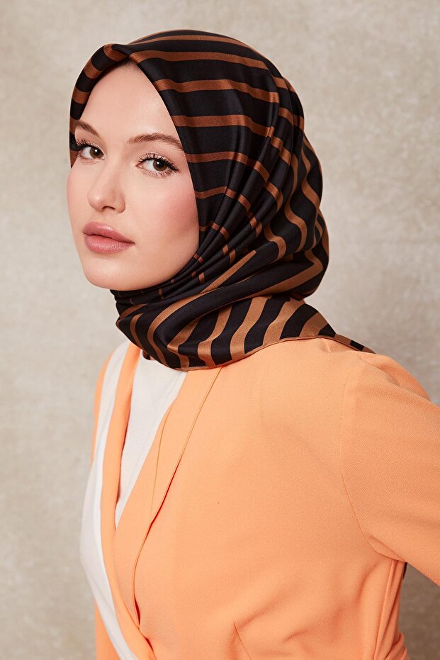 Camel Stripe Patterned Twill Silk Scarf - 2