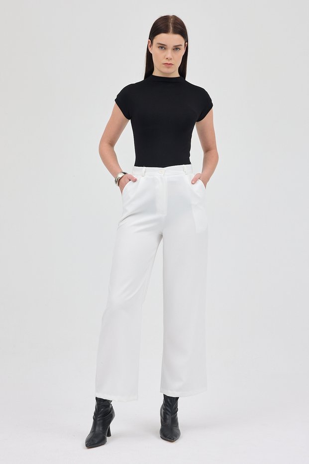 White Pleated Detail High Waist Palazzo Women's Pants 4003A