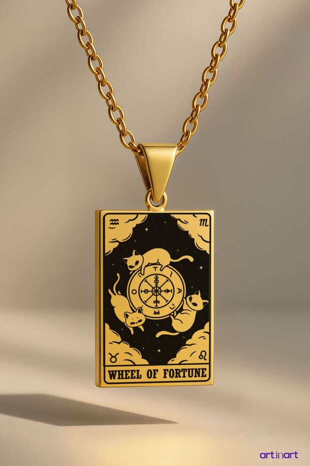 Cat Tarot Card Wheel of Fortune Fate Wheel | 316L Steel Necklace
