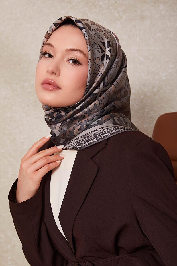 Antrasit Vectör Desen Twill İpek Eşarp - 2