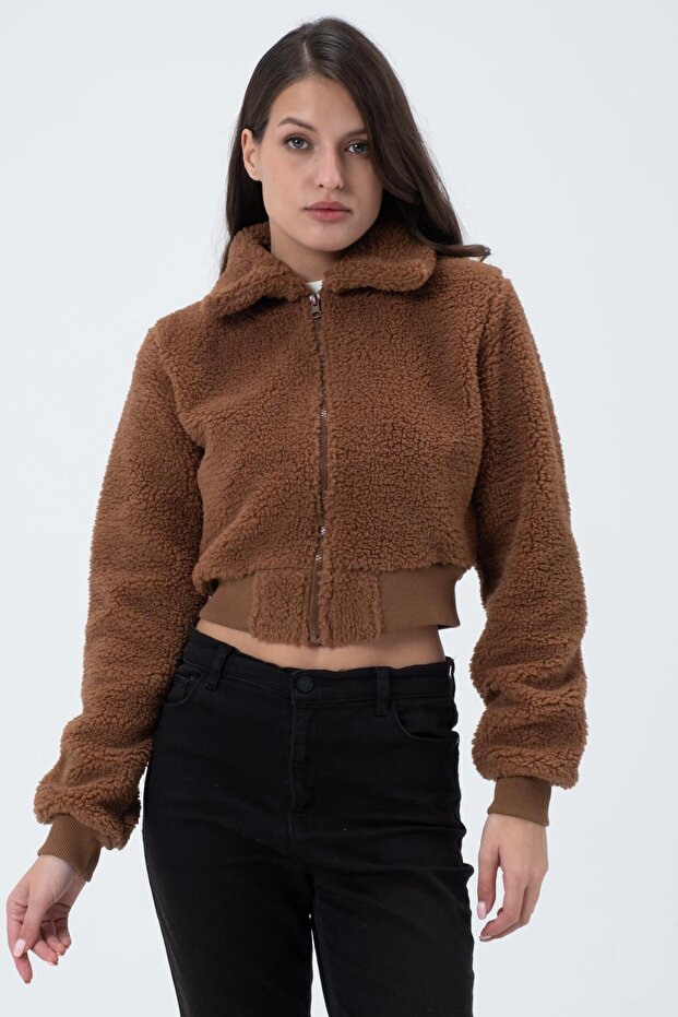 Women's Plush Short Comfort Long Sleeve Crop Fleece Brown Coat