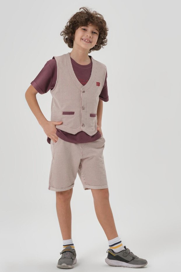 Honeycomb Fabric Print Detailed Boy's Bottom Shorts Top Crew Neck T-shirt Vest Set