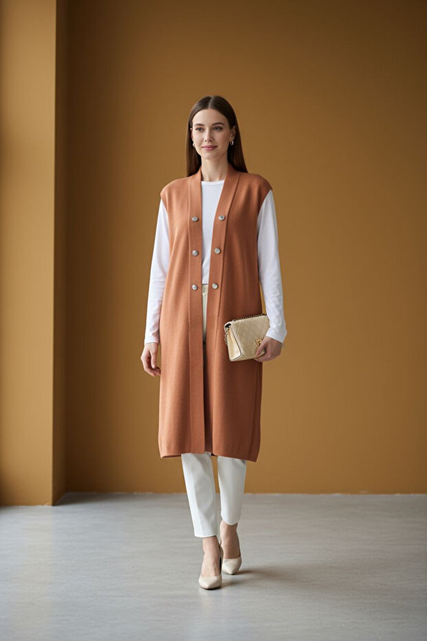 Solid Color Long Knit Vest with Button Detail