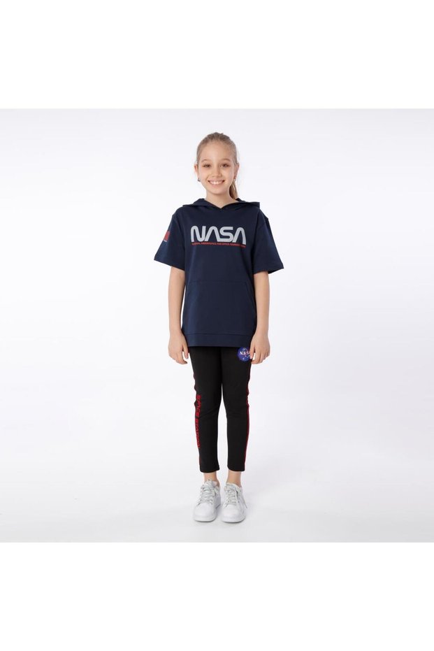 Girl's Nasa Printed Hooded T-shirt with Embroidery Detail