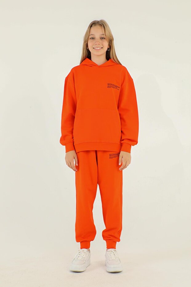 Basic Girl's Tracksuit Set with Hooded Print Detail and Steel Interlock Fabric