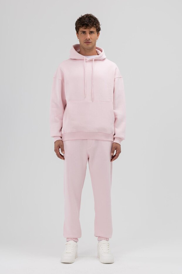 Basic Oversize Kapüşonlu Sweatshirt Pembe - 1