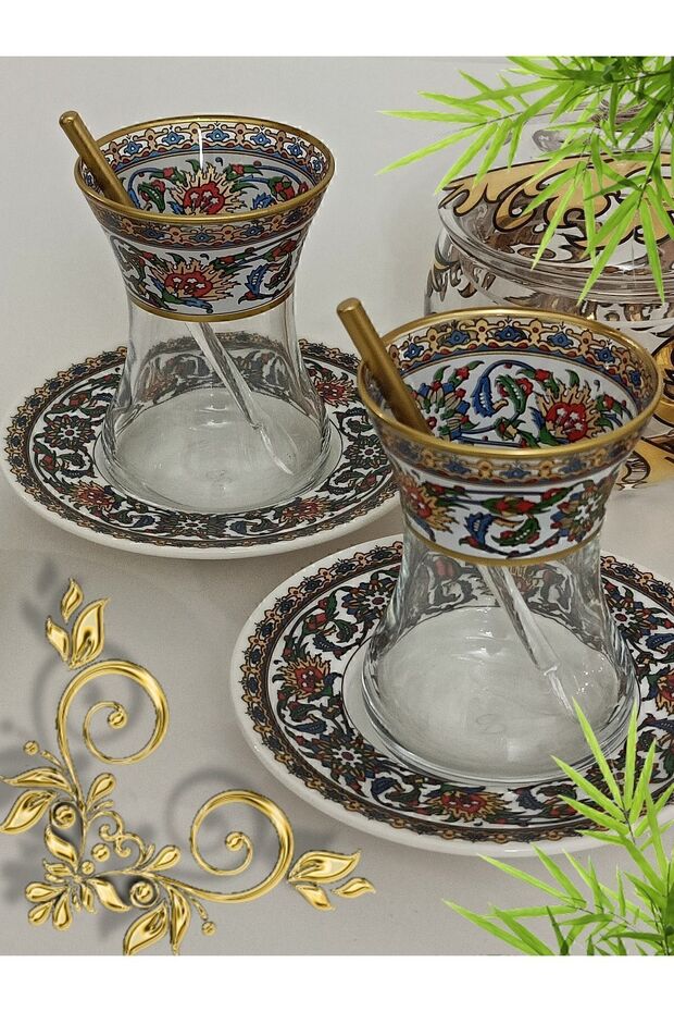 Bitkisel Çini Desenli Model Incebelli Bardak Porselen Tabak 6 Kişilik Çay Seti - 7
