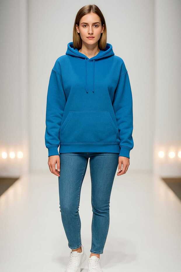 Unisex 3 Thread K Hooded Plain O Oversized Petrol Blue Sweatshirt -Hoodie