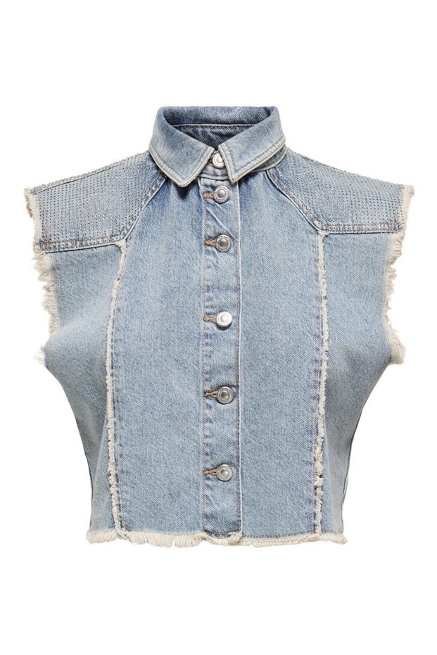 Onlhollywood Crystal Dnm Vest Red Cro Women's Light Blue Denim Vest - 15341021