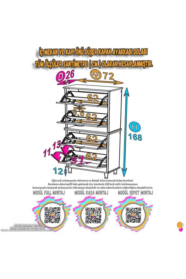 UMAY' 2 Li Antre Hol 72x 168 x 25, 5 cm’ lik 4 Düşer Kapak 8 Göz Bölmeli Ayakkabılık - 2