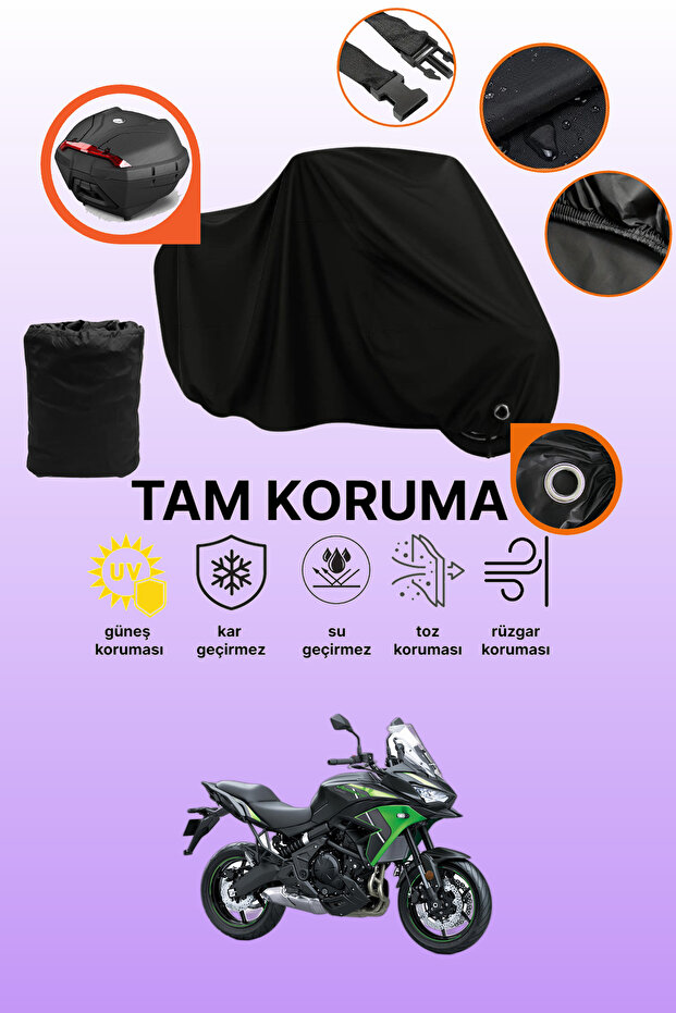 Black Lock and Tail Bag Compatible Kawasaki Kle 650 Versys Compatible Motorcycle Tarpaulin, Protective Cover