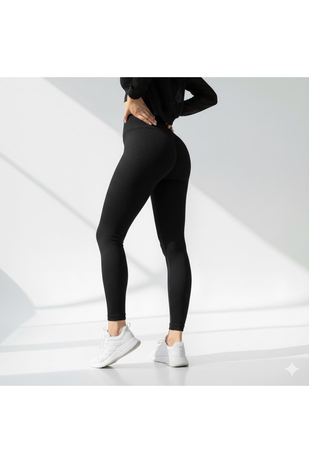 Black High-Waist Ribbed Knit Seamless Ribbed Sports Leggings